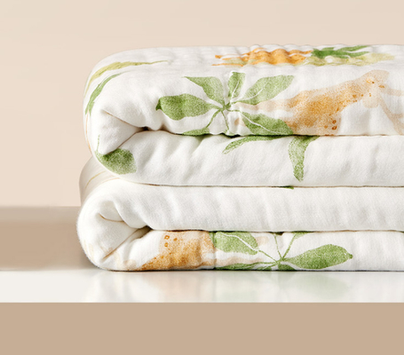 Vải gạc có hoa văn màu xanh lá cây và màu vàng 220GSM Chăn gạc cho bé